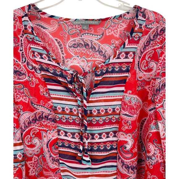 Valerie Stevens Womens Size 2X Top Red Paisley Sheer Boho Tassels Blouse Shirt - Picture 3 of 10